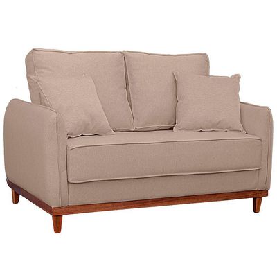 Kit Poltrona E Sofa Sena 2 Lugar Base De Madeira Para Sala Hotel Linho Bege