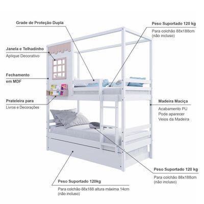 Treliche Casinha Reta Madeira Maciça Branco/ Rosa Housin