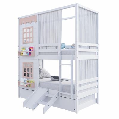 Treliche Casinha Reta Com 02 Janelas Escorregador E Cortina Madeira Maciça Branco/ Rosa Housin