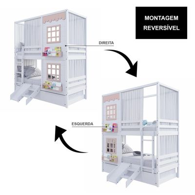 Treliche Casinha Reta Com 02 Janelas Escorregador E Cortina Madeira Maciça Branco/ Rosa Housin