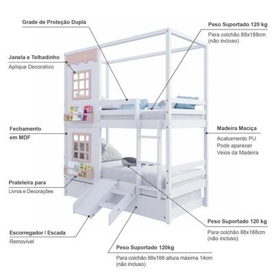 Treliche Casinha Reta Com 02 Janelas E Escorregador Madeira Maciça Branco/ Rosa Housin