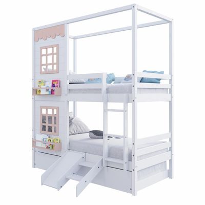 Treliche Casinha Reta Com 02 Janelas E Escorregador Madeira Maciça Branco/ Rosa Housin