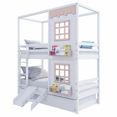 Treliche Casinha Reta Com 02 Janelas E Escorregador Madeira Maciça Branco/ Rosa Housin