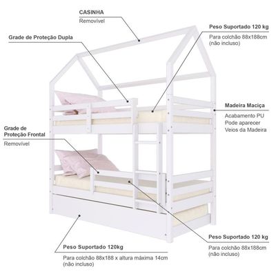 Treliche Casinha Solteiro Slim Rb Com Grade De Proteção Madeira Maciça Branco Housin