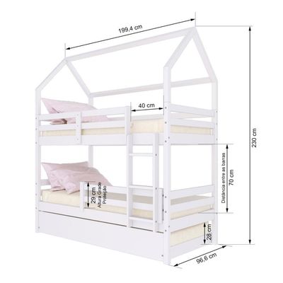 Treliche Casinha Solteiro Slim Rb Com Grade De Proteção Madeira Maciça Branco Housin