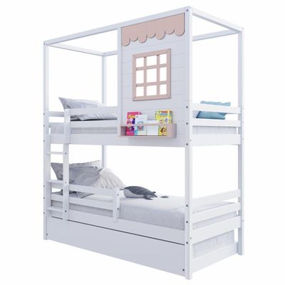 Treliche Casinha Reta Com Grade Removível Madeira Maciça Branco/ Rosa Housin