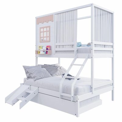 Treliche Casinha Reta Casal- Solteiro Com Escorregador E Cortina Madeira Maciça Branco- Rosa Housin