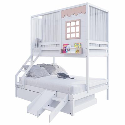 Treliche Casinha Reta Casal- Solteiro Com Escorregador E Cortina Madeira Maciça Branco- Rosa Housin