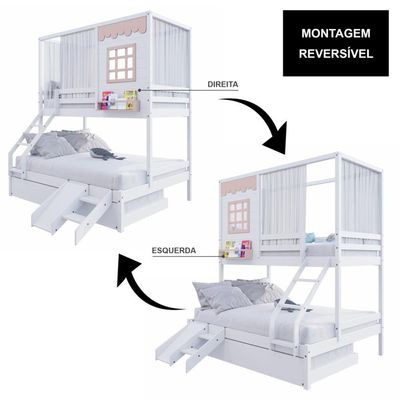 Treliche Casinha Reta Casal- Solteiro Com Escorregador E Cortina Madeira Maciça Branco- Rosa Housin