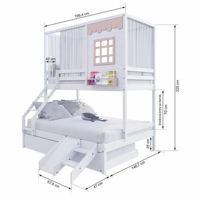 Treliche Casinha Reta Casal- Solteiro Com Escorregador E Cortina Madeira Maciça Branco- Rosa Housin