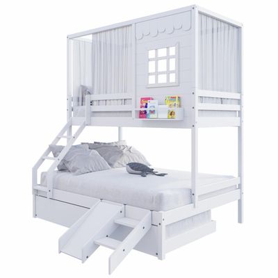 Treliche Casinha Reta Casal- Solteiro Com Escorregador E Cortina Madeira Maciça Branco Housin