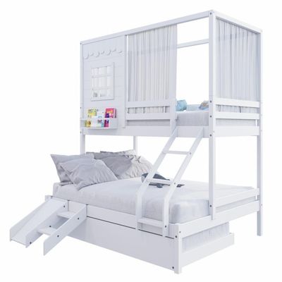 Treliche Casinha Reta Casal- Solteiro Com Escorregador E Cortina Madeira Maciça Branco Housin