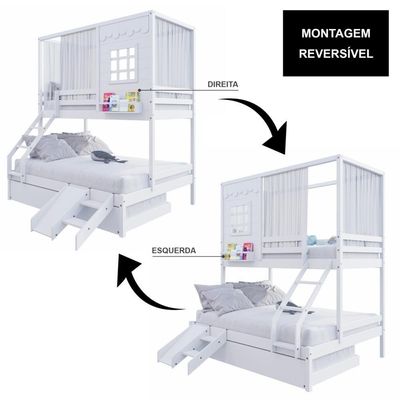 Treliche Casinha Reta Casal- Solteiro Com Escorregador E Cortina Madeira Maciça Branco Housin