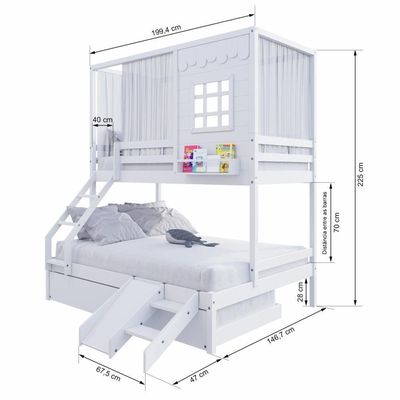 Treliche Casinha Reta Casal- Solteiro Com Escorregador E Cortina Madeira Maciça Branco Housin