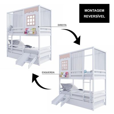 Treliche Casinha Reta Com Grade Removível Escorregador E Cortina Madeira Maciça Branco/ Rosa Housin
