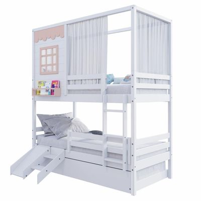 Treliche Casinha Reta Com Grade Removível Escorregador E Cortina Madeira Maciça Branco/ Rosa Housin
