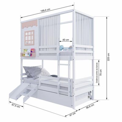 Treliche Casinha Reta Com Grade Removível Escorregador E Cortina Madeira Maciça Branco/ Rosa Housin
