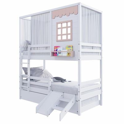 Treliche Casinha Reta Com Grade Removível Escorregador E Cortina Madeira Maciça Branco/ Rosa Housin
