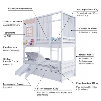 Treliche Casinha Reta Com Grade Removível Escorregador E Cortina Madeira Maciça Branco/ Rosa Housin