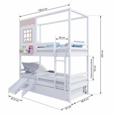 Treliche Casinha Reta Com Grade Removível E Escorregador Madeira Maciça Branco/ Rosa Housin