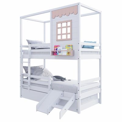 Treliche Casinha Reta Com Grade Removível E Escorregador Madeira Maciça Branco/ Rosa Housin