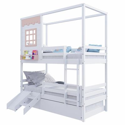Treliche Casinha Reta Com Grade Removível E Escorregador Madeira Maciça Branco/ Rosa Housin