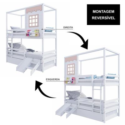 Treliche Casinha Reta Com Grade Removível E Escorregador Madeira Maciça Branco/ Rosa Housin