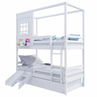Treliche Casinha Reta Com Grade Removível E Escorregador Madeira Maciça Branco Housin