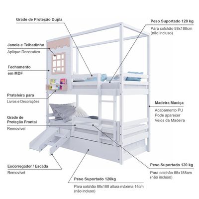 Treliche Casinha Reta Com Grade Removível E Escorregador Madeira Maciça Branco/ Rosa Housin