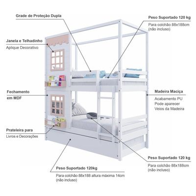 Treliche Casinha Reta Com 02 Janelas Madeira Maciça Branco/ Rosa Housin
