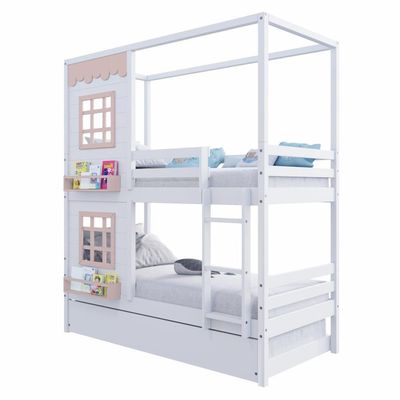 Treliche Casinha Reta Com 02 Janelas Madeira Maciça Branco/ Rosa Housin