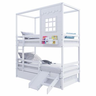 Treliche Casinha Reta Com Grade Removível E Escorregador Madeira Maciça Branco Housin