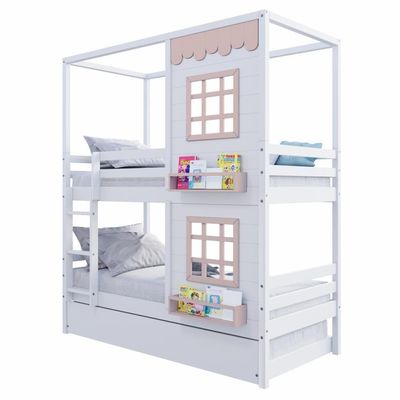 Treliche Casinha Reta Com 02 Janelas Madeira Maciça Branco/ Rosa Housin