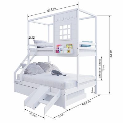 Treliche Casinha Reta Casal- Solteiro Com Escorregador Madeira Maciça Branco Housin
