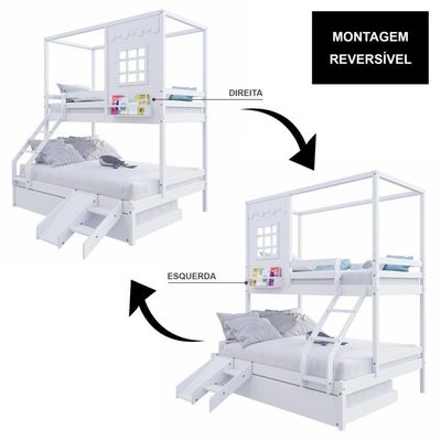 Treliche Casinha Reta Casal- Solteiro Com Escorregador Madeira Maciça Branco Housin