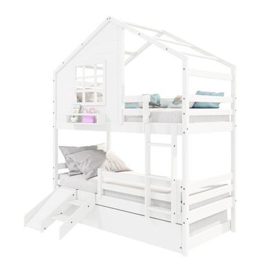 Treliche Casinha Com Janela Com Escada/escorregador E Grade De Proteção Madeira Maciça Branco Housin
