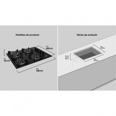 Cooktop 4B Preto Com Mesa De Vidro Tripla Chama Dako Bivolt