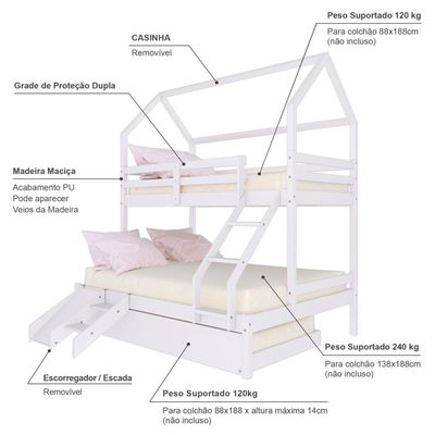 Treliche Casinha Casal-solteiro Slim Rb E Mini Escada-escorregador Madeira Maciça Branco Housin