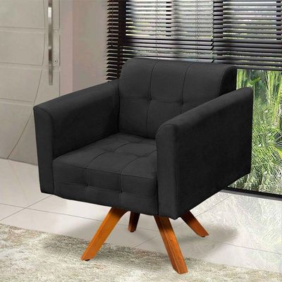 Poltrona Giratória Elisa Suede Preto Base Madeira D´rossi