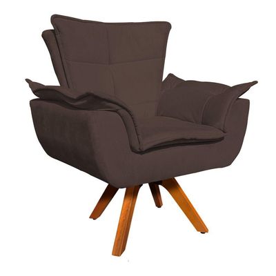 Poltrona Giratória Opala Suede Marrom Base Madeira