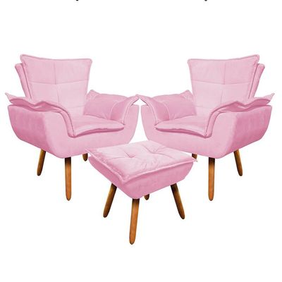 Kit 02 Poltronas Opala Com 01 Puff Opala Suede Rosa Bebê