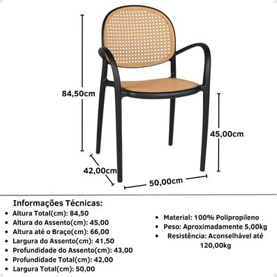Kit 4 Cadeiras De Jantar Roma Com Braço Para Sala E Cozinha - Preto