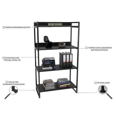 3 Estantes Livreiro Prisma 80Cm 4 Prateleiras Preto Onix