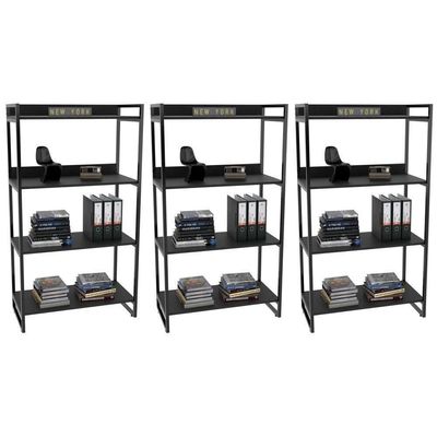 3 Estantes Livreiro Prisma 80Cm 4 Prateleiras Preto Onix