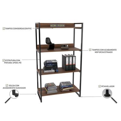 3 Estantes Livreiro 80Cm 4 Prateleiras C08 Nogal Mpozenato