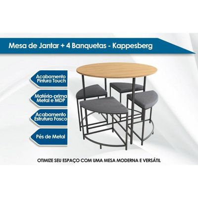 Mesa de Sala Jantar LI038 c/Tampo Madeirado 90 cm + 4 Banquetas Freijó/Preto Fosco - Kappesberg