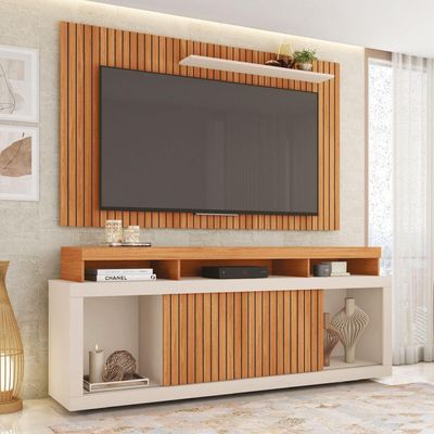 Rack Bancada Com Painel Ripado Para Tv Até 65 Polegadas 1,80m Panamá Buriti / Off White Caemmun