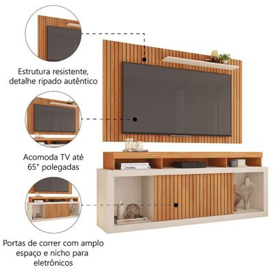 Rack Bancada Com Painel Ripado Para Tv Até 65 Polegadas 1,80m Panamá Buriti / Off White Caemmun