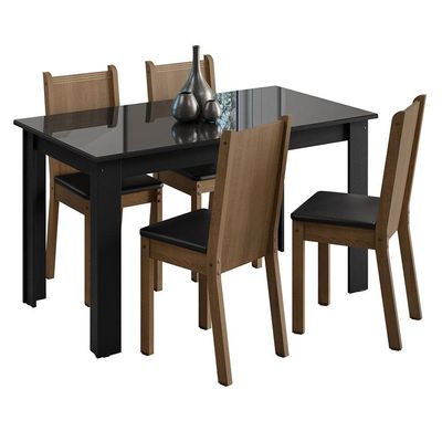Conjunto Sala De Jantar Mesa Tampo De Vidro 4 Cadeiras Preto/rustic Kiara Madesa Preto/rustic