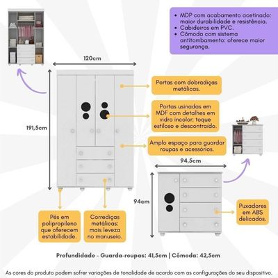 Kit Guarda-roupas Infantil 4 Portas 3 Gavetas E Cômoda 1 Porta 4 Gavetas Mp4209 Branco Branco